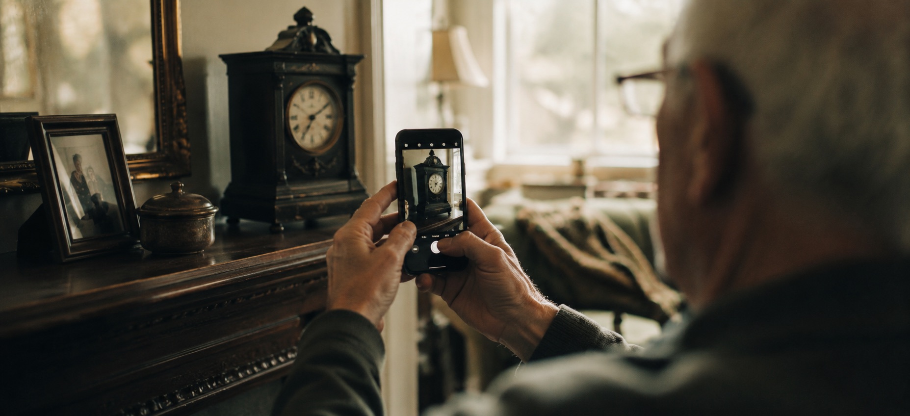 An older man photographing an antique clock with his phone