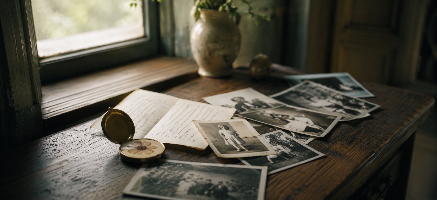 A hallway desk scattered with old family photographs, an open locket, and a folded letter