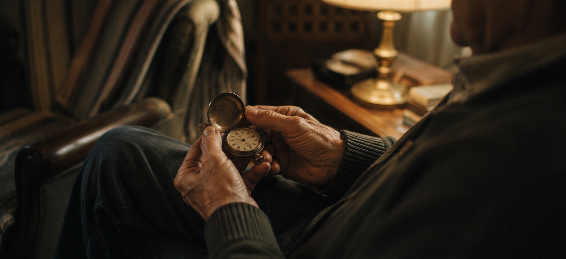 Weathered hands holding an open pocket watch